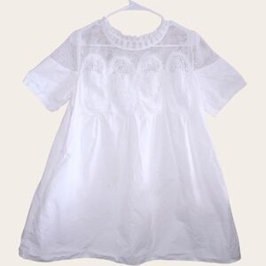 Structured White Cotton Babydoll Mini Dress w/ Lace Bodice & Pockets | Size M